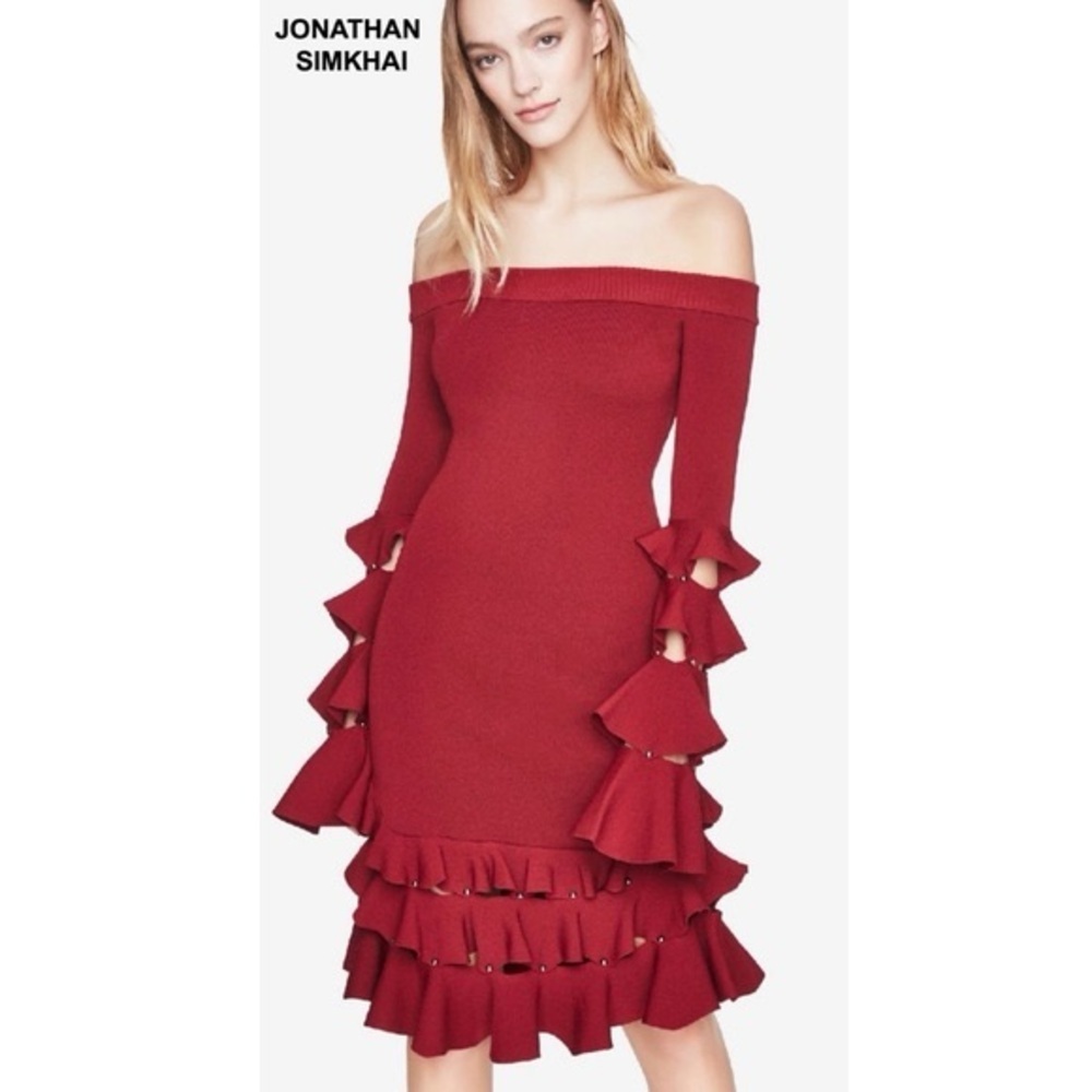 New! Jonathan Simkhai Off-Shoulder Knit Ruffle Midi Dress ❤️ Large